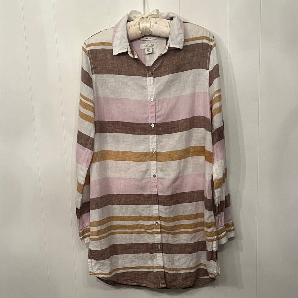 Rachel Zoe Linen Striped Tunic in White, Pink, Brown & Mustard